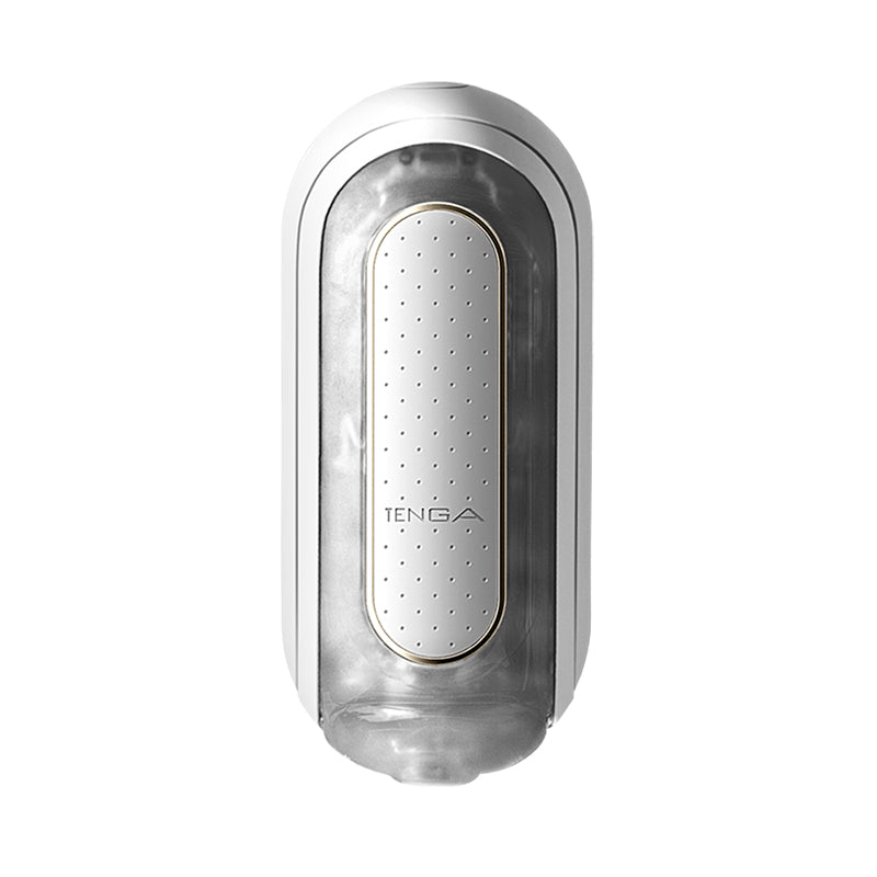 Tenga FLIP ZERO EV Tenga Flip Zero EV masturbator clear rounded shell with white oval panel, dotted surface and metallic trim