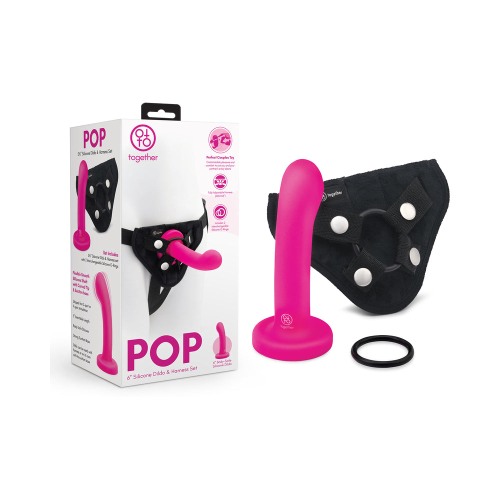 Together Pop 6 in. Silicone Dildo & Harness Set Pink Pink Together Pop six-inch dildo with black harness, extra ring and retail box