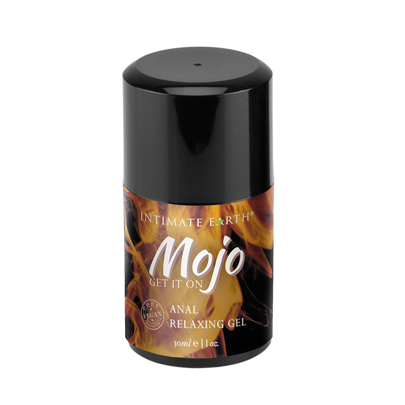 Intimate Earth Mojo Clove Oil Anal Relaxing Gel 1 oz. Intimate Earth Mojo Clove Oil 1 oz anal gel bottle with orange label
