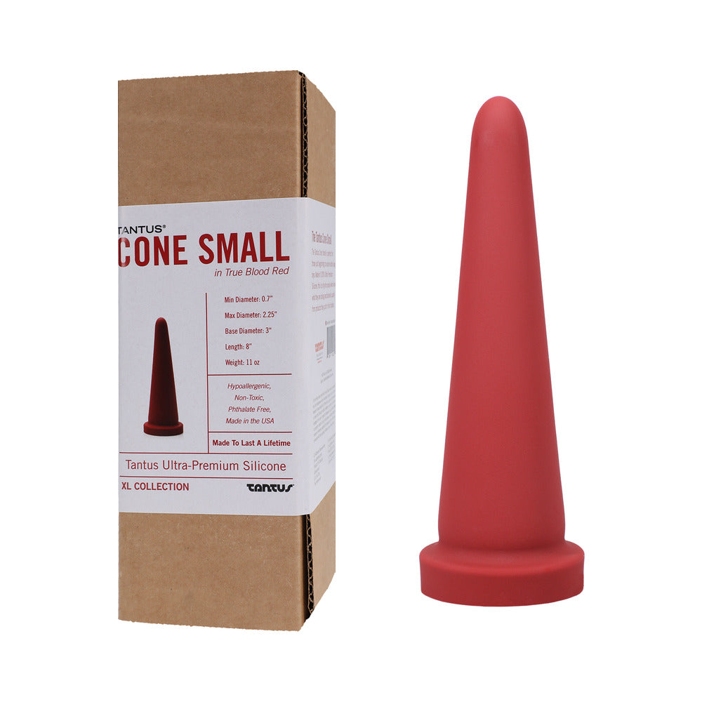 Tantus Cone Small Dildo Ruby (Box) Red Tantus Cone Small dildo beside labeled brown box