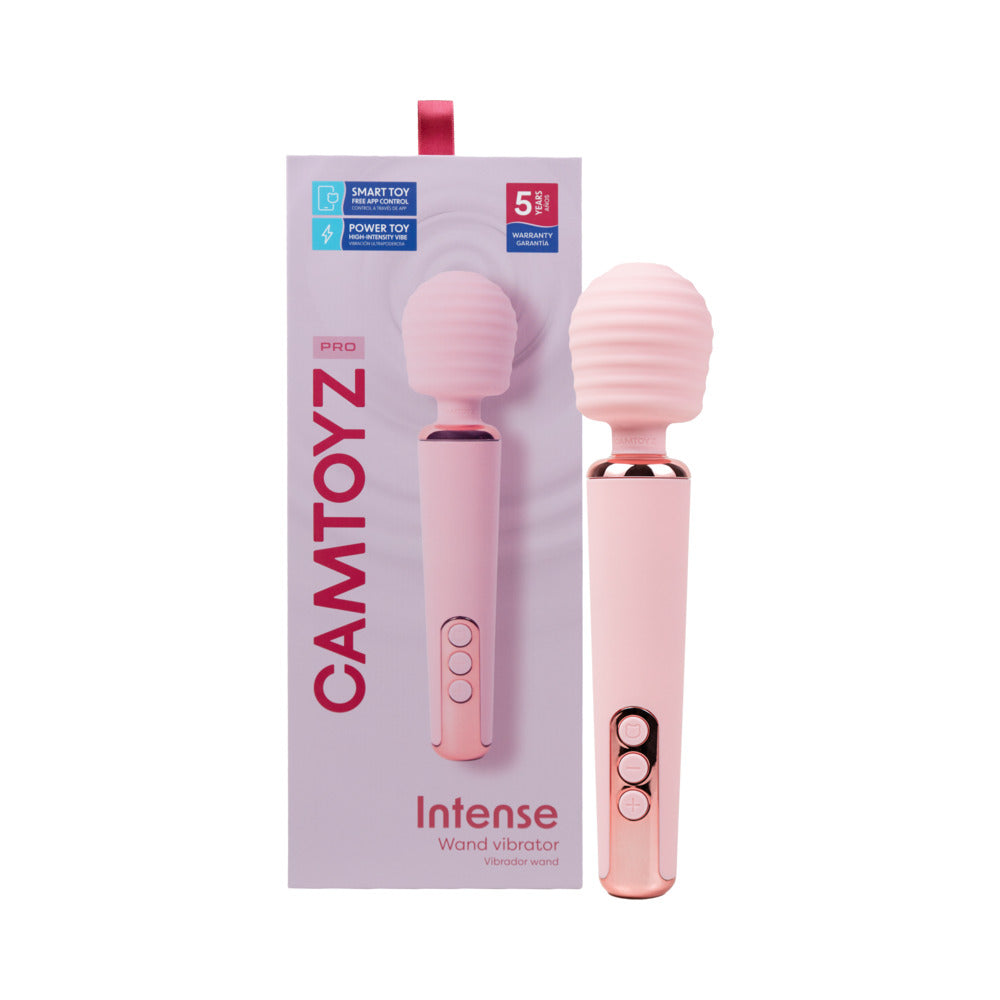 Camtoyz Pro Intense Wand Vibrator with App Camtoyz Pro light-pink wand vibrator beside the front of its retail box