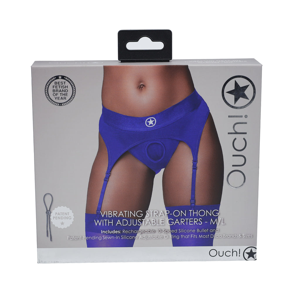 Ouch! Vibrating Strap-on Thong with Adjustable Garters Royal Blue M/L royal blue Ouch vibrating garter thong M/L pictured on gray box