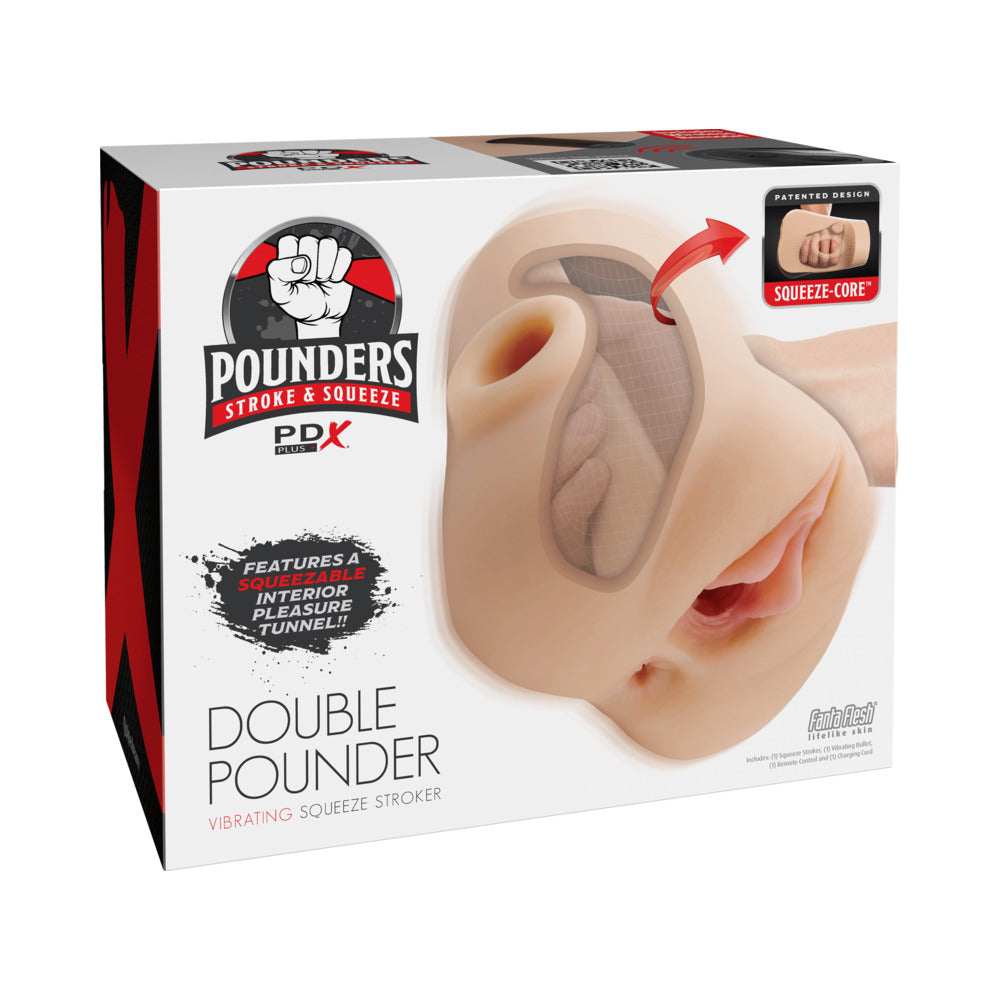 PDX Plus Double Pounder Vibrating Squeeze Stroker Light Light-tone PDX Double Pounder stroker on retail box