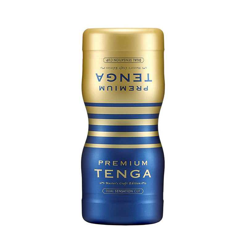 Blue Tenga Premium Dual Sensation Cup with gold cap and bands
