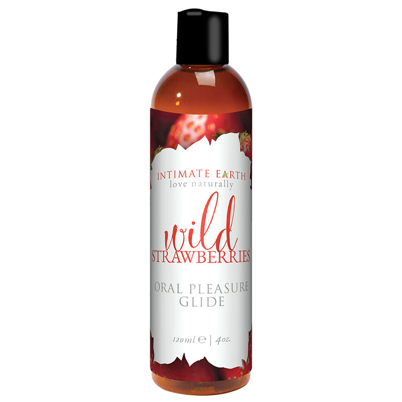 Intimate Earth Succulent Strawberries Flavored Glide 120 ml/4 oz Intimate Earth Wild Strawberries Glide tall amber bottle with red strawberry label and black cap