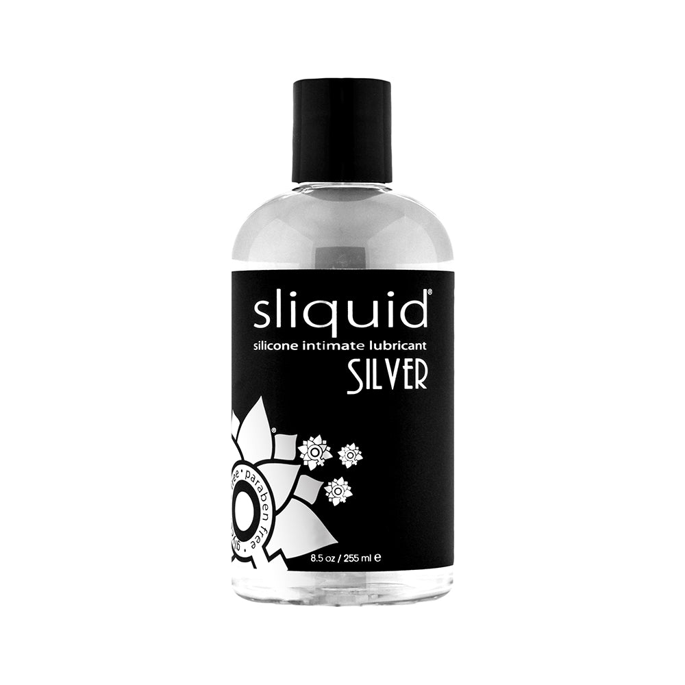 Sliquid Silver Silicone Lubricant 8.5 oz. Clear 8.5 oz Sliquid Silver bottle with black cap and black-and-white label