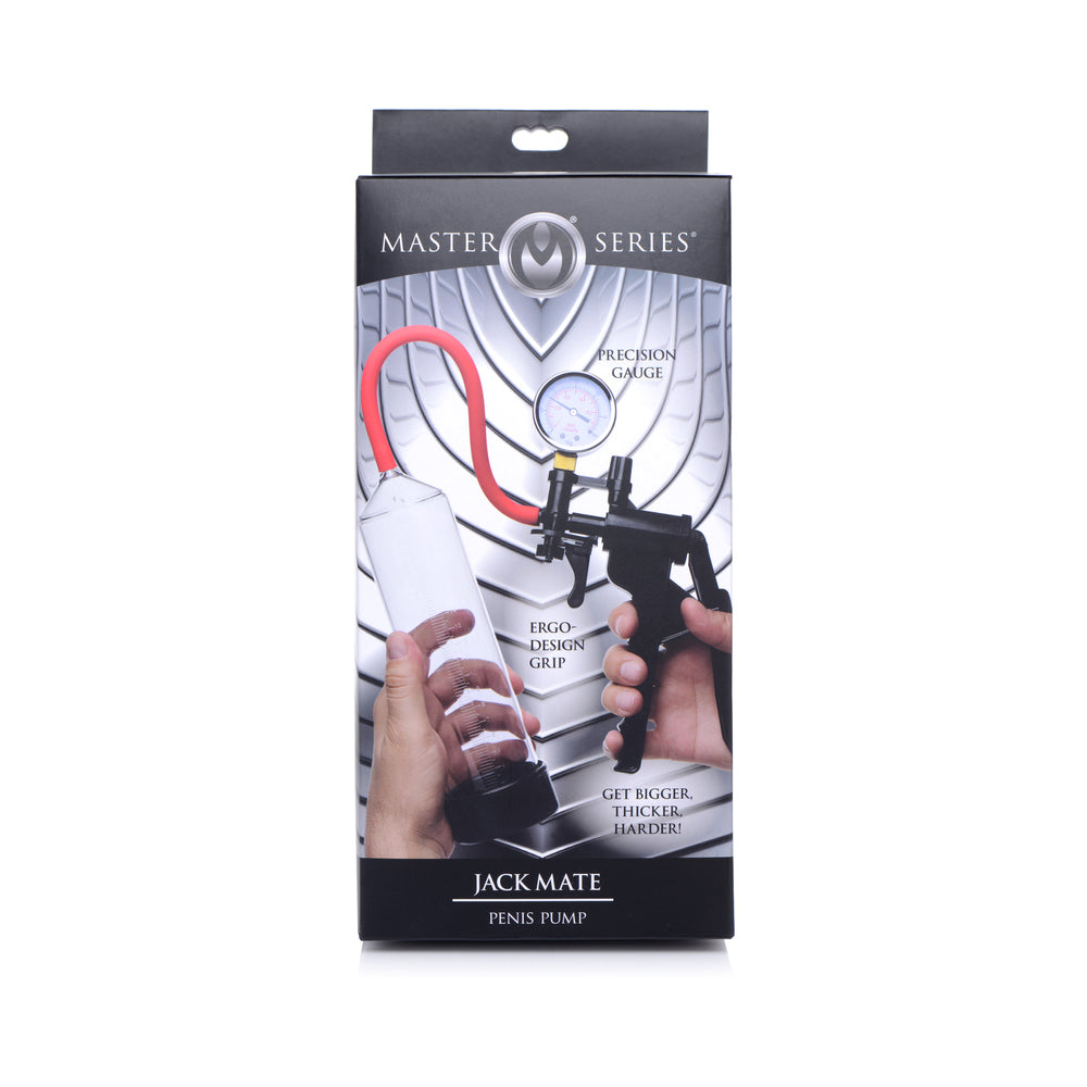 Master Series Penis Pump Master Series Jack Mate clear penis pump cylinder with red hose gauge and handle on box
