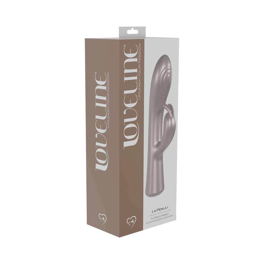 LoveLine La Perla I Rechargeable Silicone Rabbit Pink light pink LoveLine La Perla I rabbit vibrator with spiral tip on taupe box