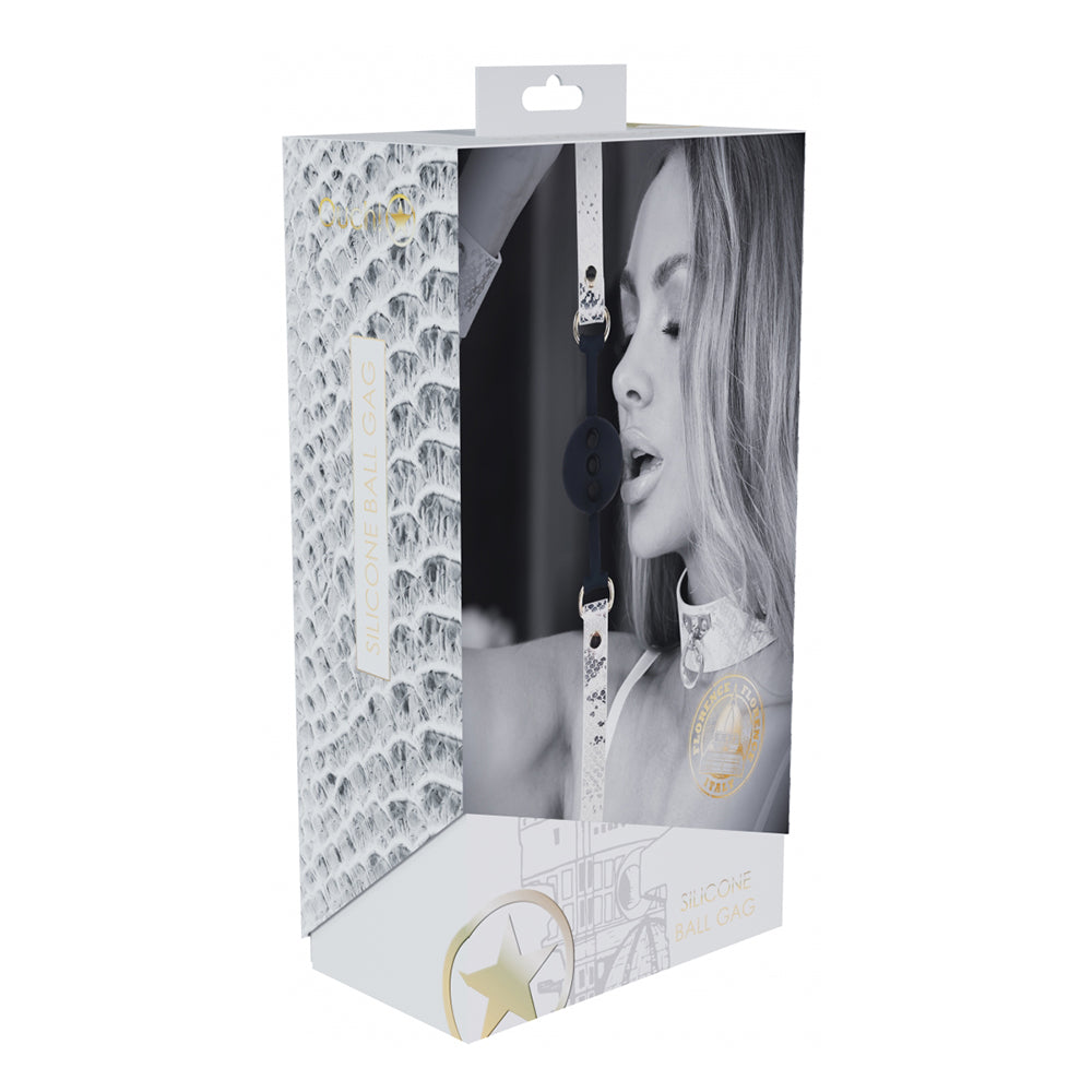 Ouch! International Florence Collection Silicone Ball Gag White black silicone ball gag with white snakeskin strap displayed on box