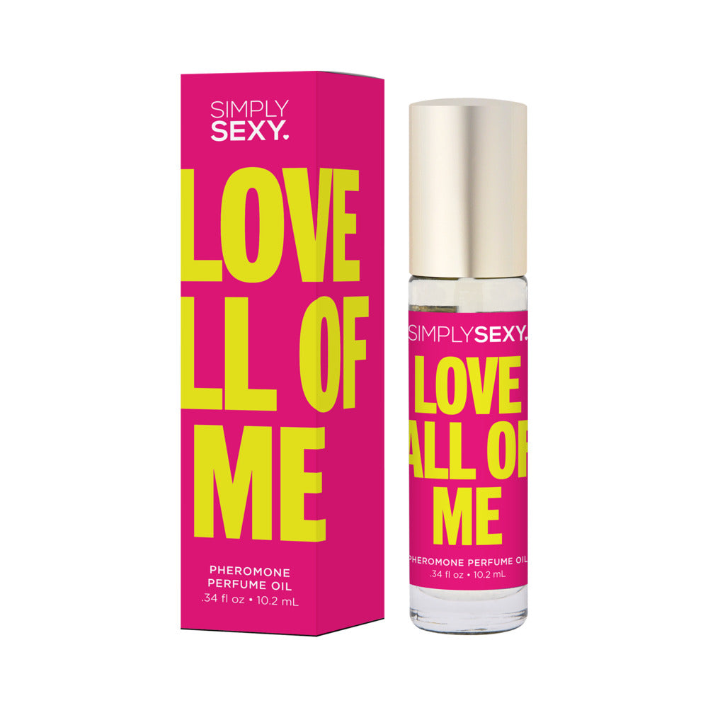 Simply Sexy Pheromone Perfume Oil Roll-On Love All Of Me 0.34oz Love All Of Me perfume oil roll-on beside magenta box with yellow lettering