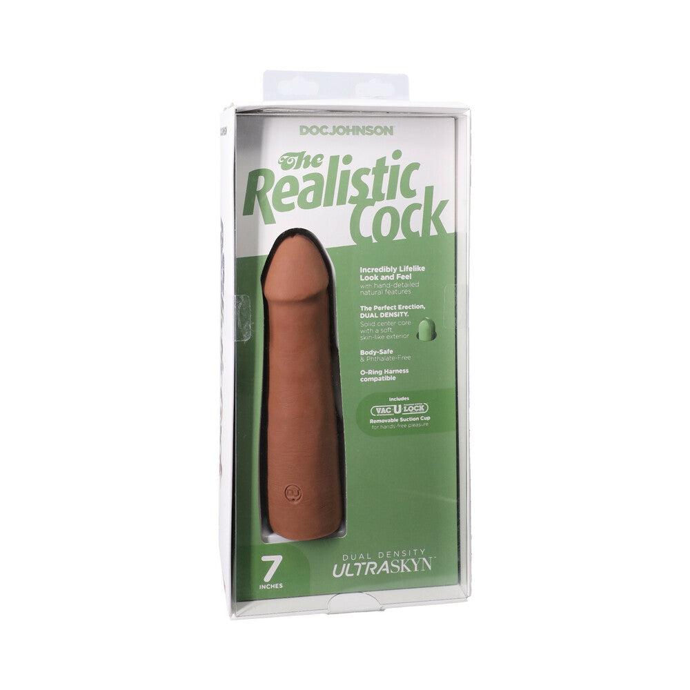 The Realistic Cock 7 in. ULTRASKYN Vac-U-Lock Dildo Caramel 7-inch caramel Realistic Cock ULTRASKYN dildo displayed in green clear-front case