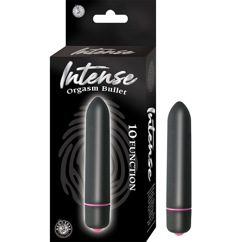 Intense Orgasm Bullet 10 Function Waterproof Black Black Nasstoys Intense 10-function bullet vibrator beside black carton