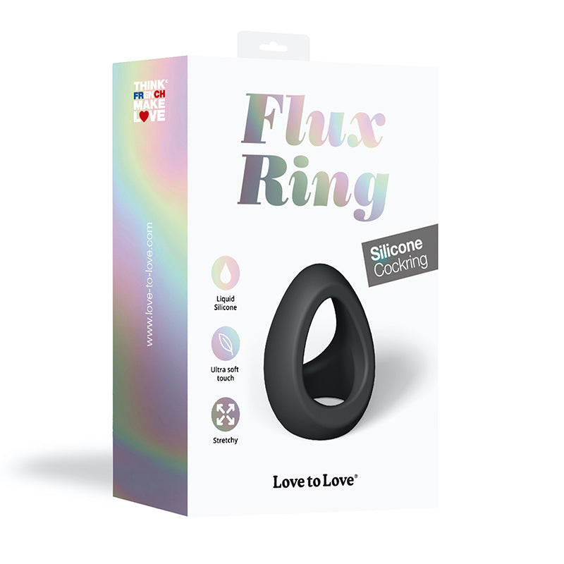 Love to Love Flux Ring Silicone Cockring Noir Black Lovely Planet Flux Ring double C-ring beside white retail box