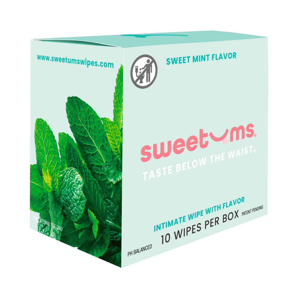 Sweetums Intimate Wipes Sweet Mint Flavor 10-Pack Sweetums Sweet Mint intimate wipes 10-pack mint-green box with fresh mint leaves on the front