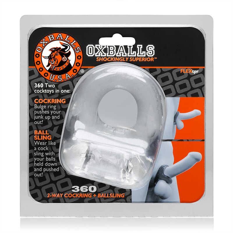 OxBalls 360, Cockring & Ballsling, Clear OxBalls 360 Clear Ring and Ball Sling inside orange black hanging package