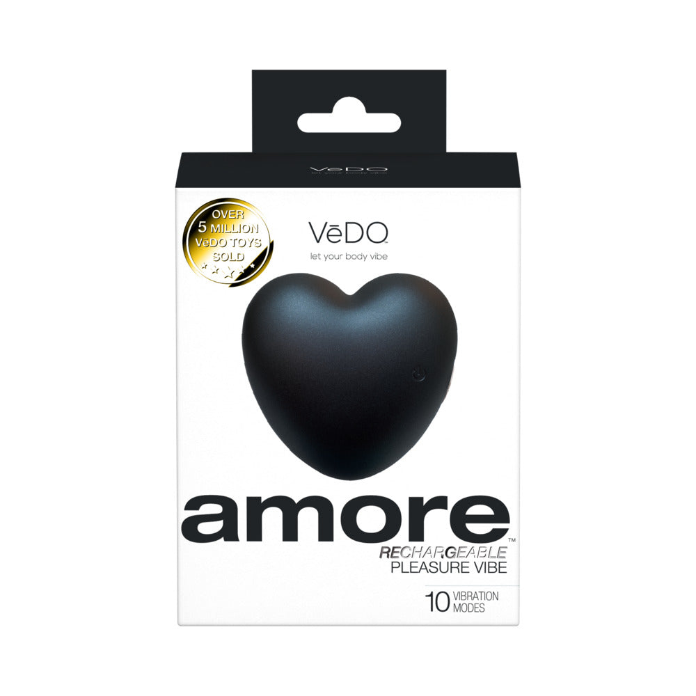 VeDO Amore Rechargeable Pleasure Vibe Black black heart-shaped VeDO Amore vibrator visible through a white and black retail box