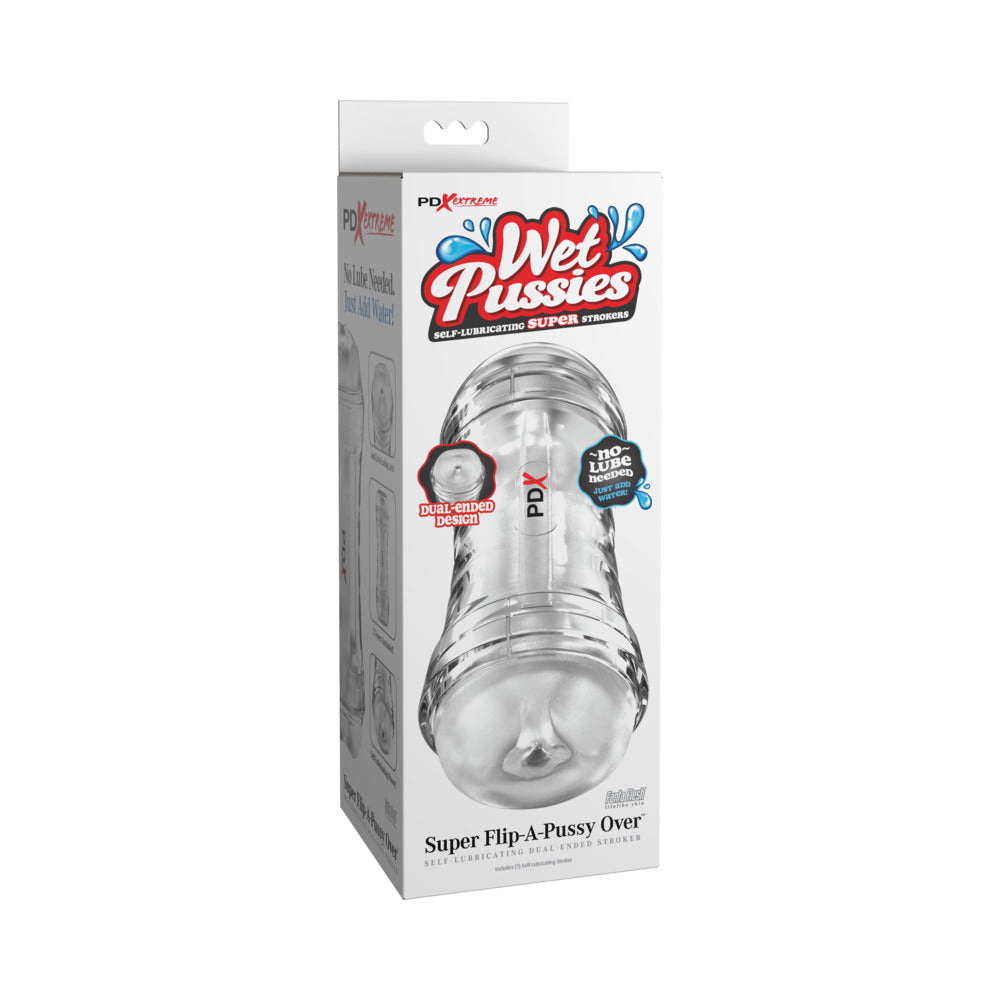 PDX Extreme Wet Pussies Super Flip-A-Pussy Over Self-Lubricating Stroker Frosted PDX Extreme Wet Pussies clear dual-ended stroker white retail box front