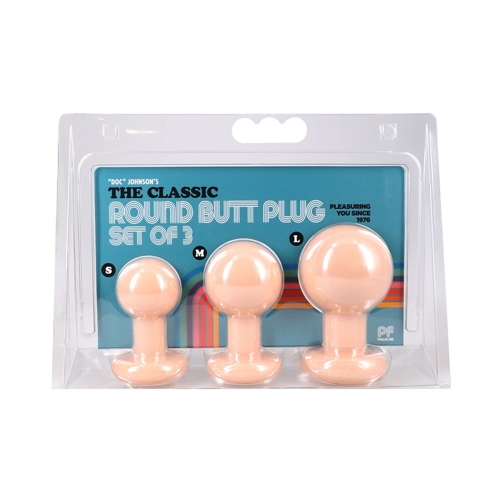 The Classic Round Butt Plug Cream 3-Piece Set Doc Johnson Classic Round cream three-piece plug set front retail package