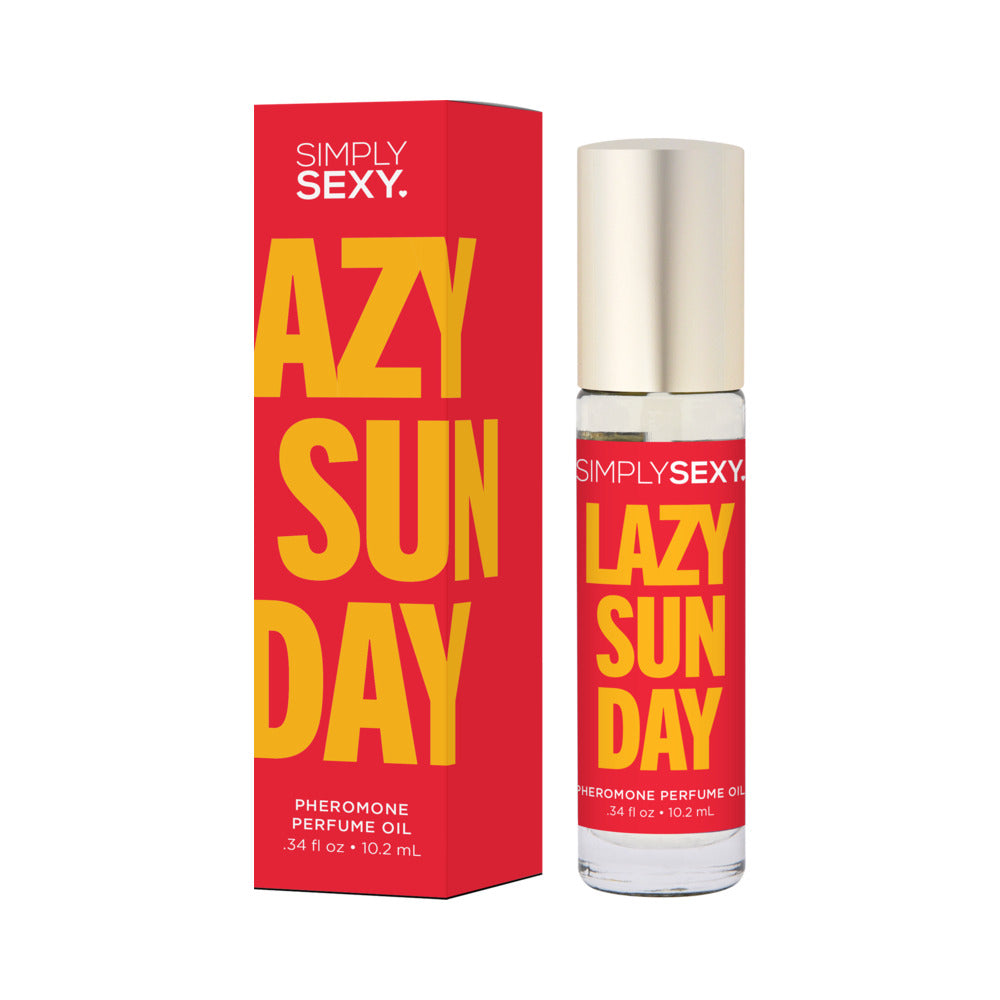 Simply Sexy Pheromone Perfume Oil Roll-On Lazy Sunday 0.34oz Lazy Sunday perfume oil roll-on beside red box with yellow lettering