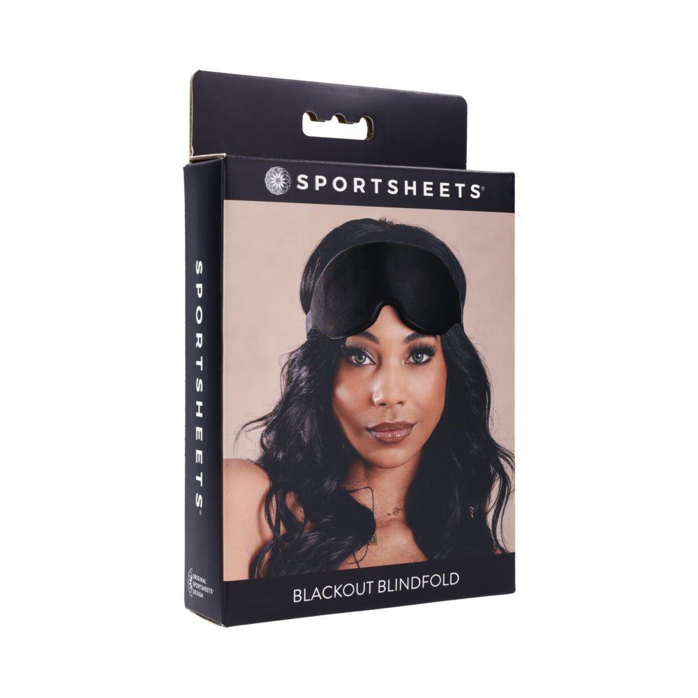Sportsheets Blackout Blindfold Sportsheets Blackout black padded curved blindfold pictured on retail box