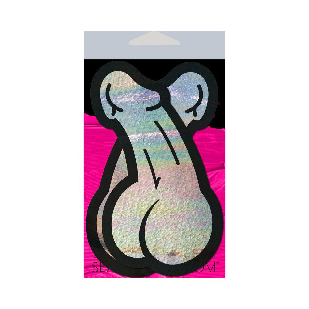 Pastease Penis: Holographic Silver Dick Nipple Pasties Pastease holographic silver penis pasties package
