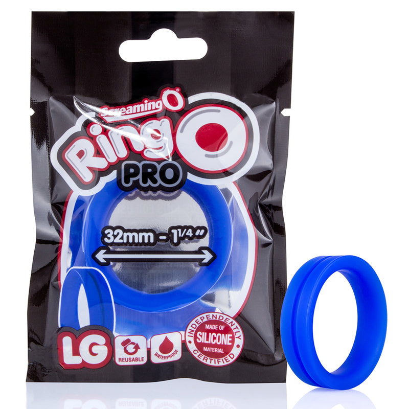Screaming O RingO Pro Lg Blue RingO Pro Large Blue 32 mm silicone ring beside black retail pouch