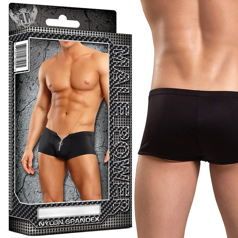 Male Power Zipper Shorts L/XL Underwear Male Power package with front and rear model views of black zipper shorts in L/XL