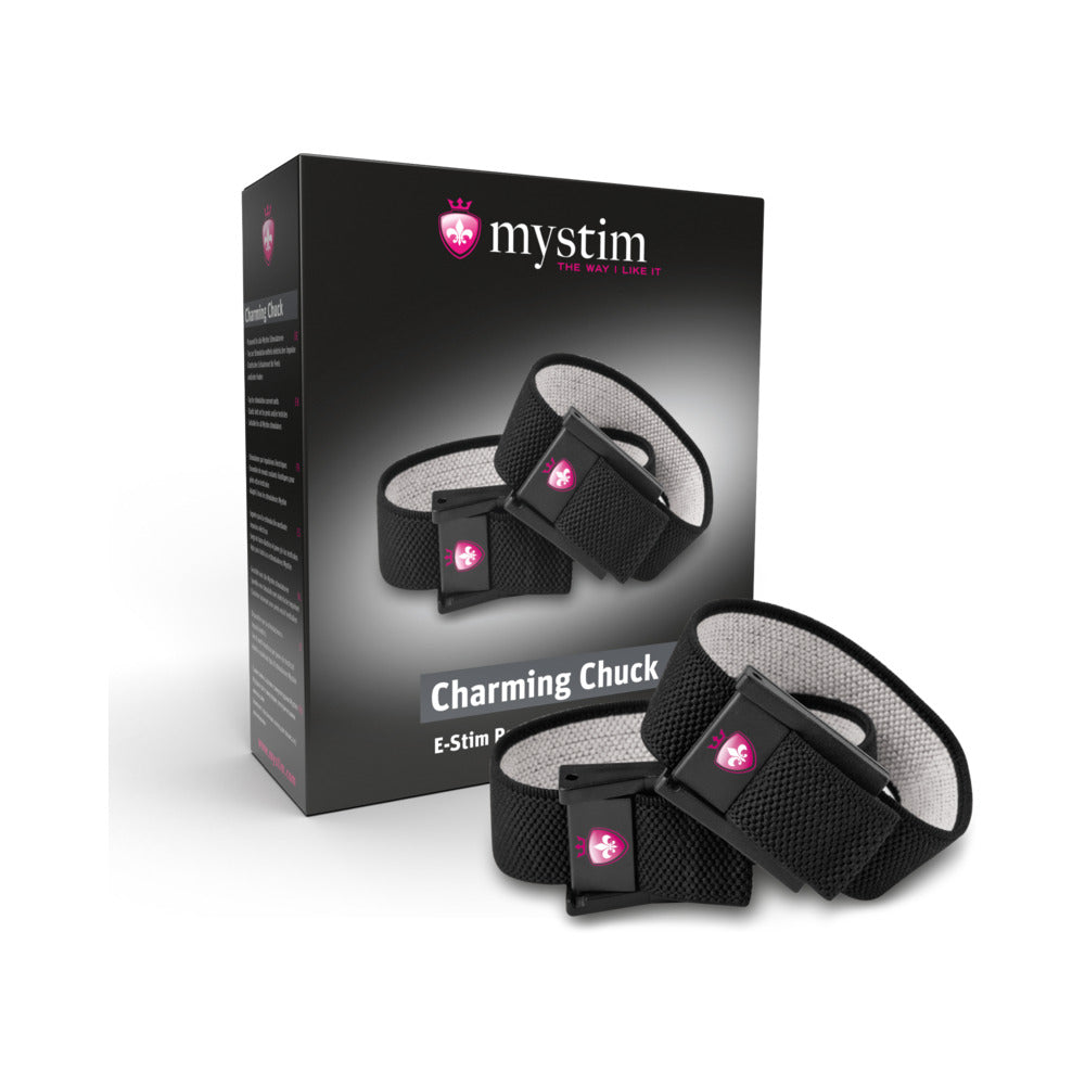 Mystim Charming Chuck 2-Piece Strap Set with 2mm Adapter Mystim Charming Chuck black strap set with rectangular pads beside black retail box