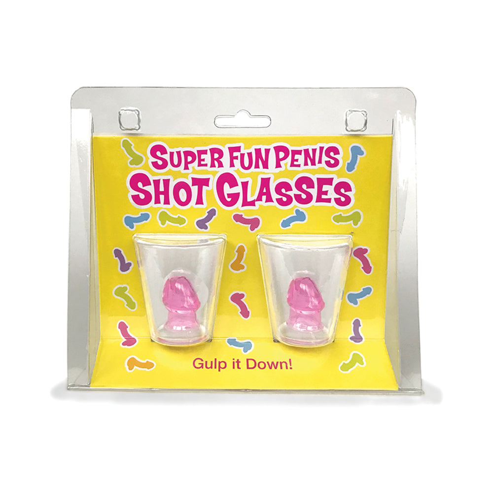 Super Fun Penis Shot Glasses 2-Pack Two clear Super Fun Penis Shot Glasses with pink centers on yellow card
