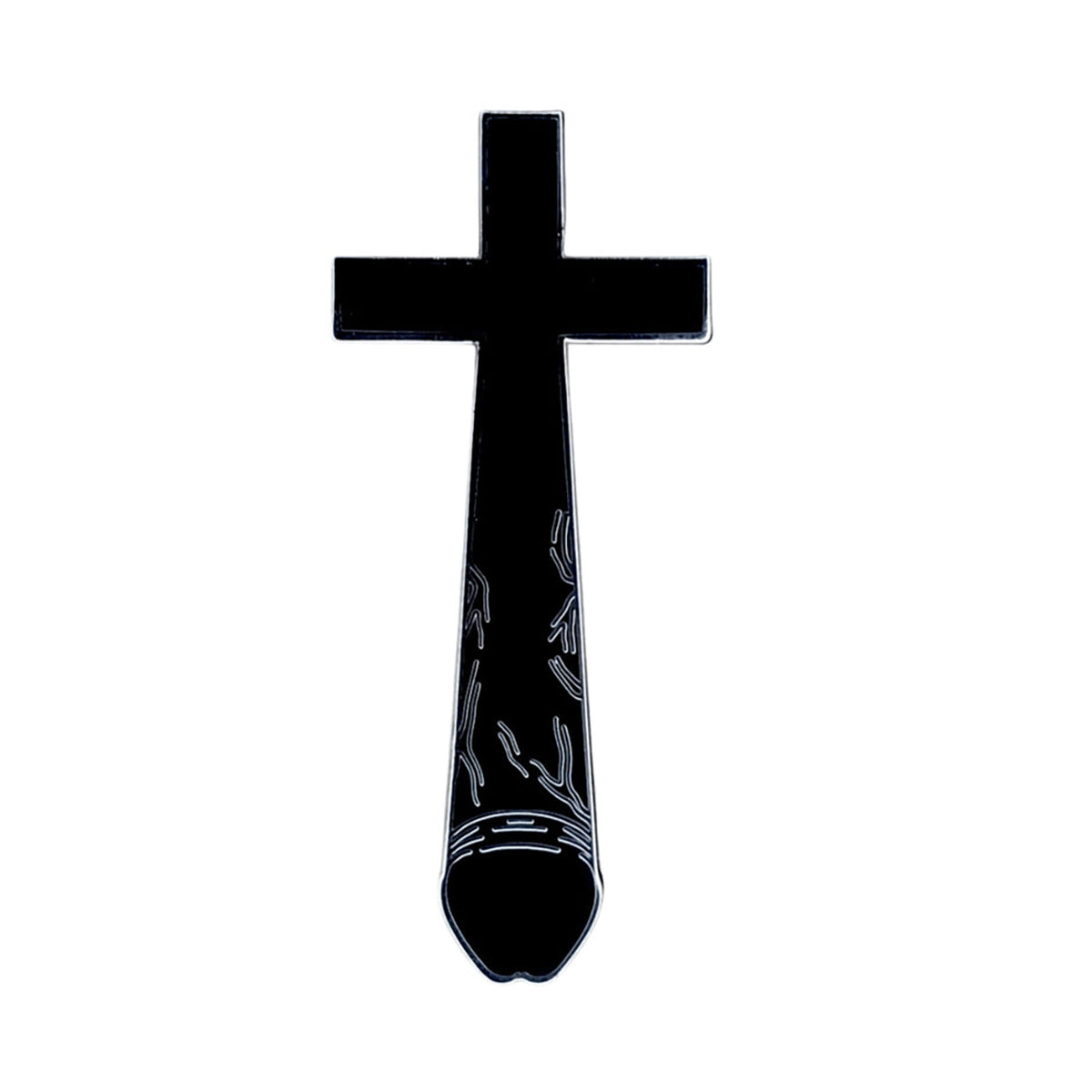 Geeky & Kinky Crucifux Enamel Pin black Crucifux cross enamel pin with phallic lower stem and silver lines