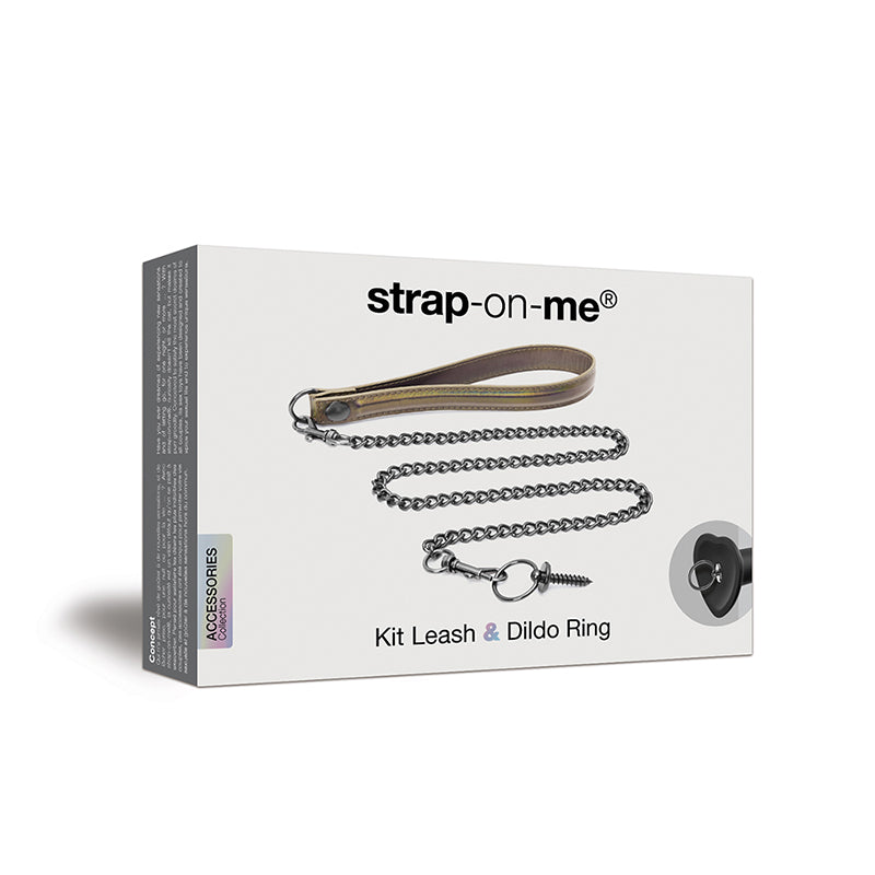 Strap-On-Me Leash and Dildo Ring Kit white Strap-On-Me kit box printed with a silver chain leash and black dildo ring