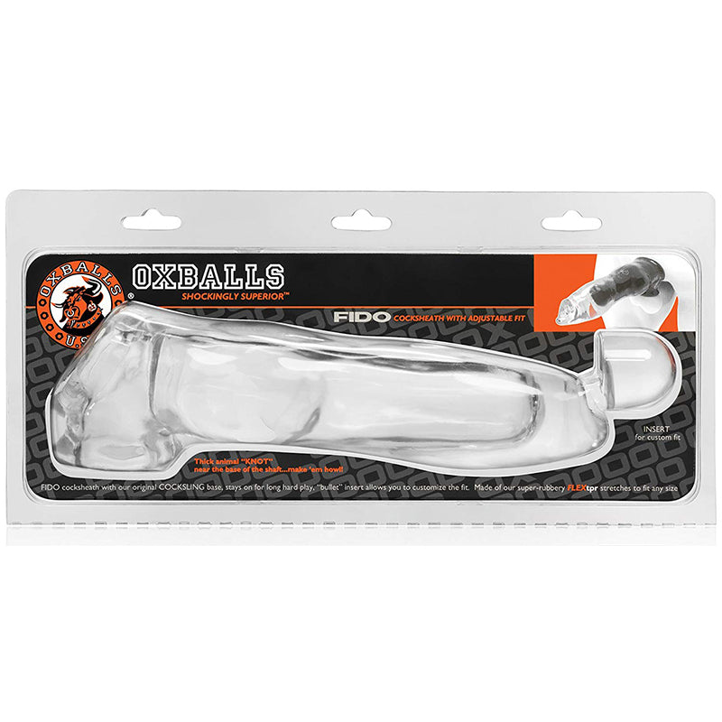 FIDO Cocksheath Clear Oxballs FIDO long clear cocksheath with white ring ends inside wide orange-and-black blister package