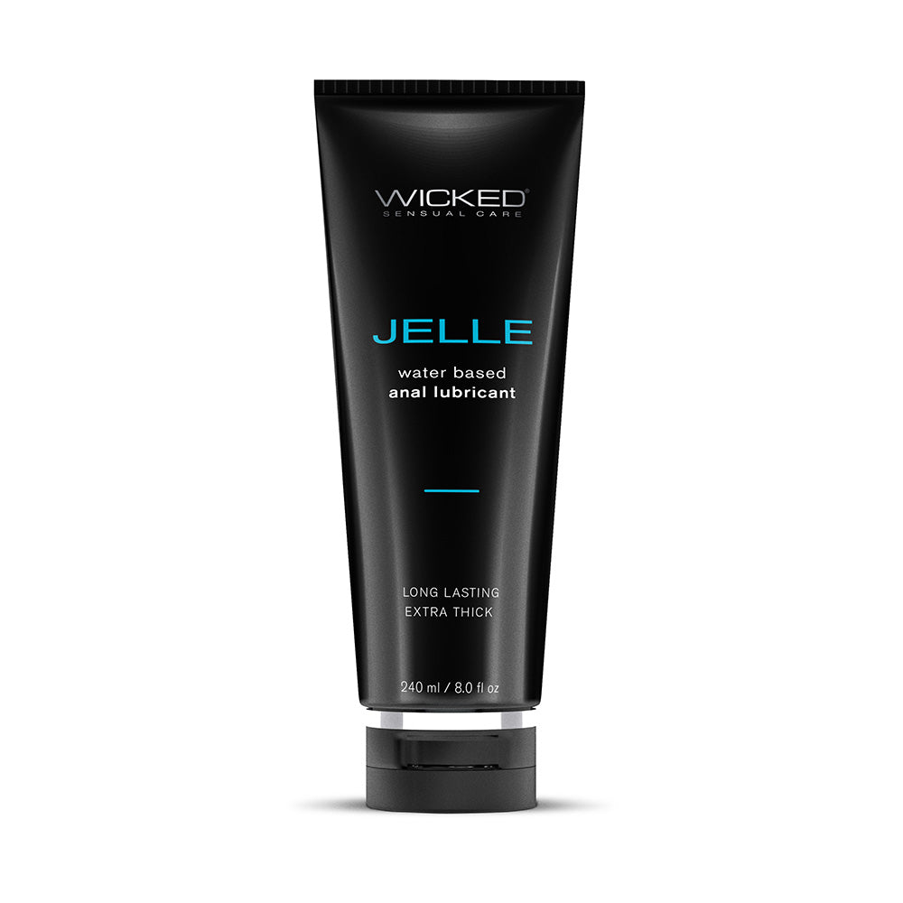 Wicked Jelle Water-Based Anal Lubricant 8 oz. Wicked Jelle 8-ounce lubricant black squeeze tube front view