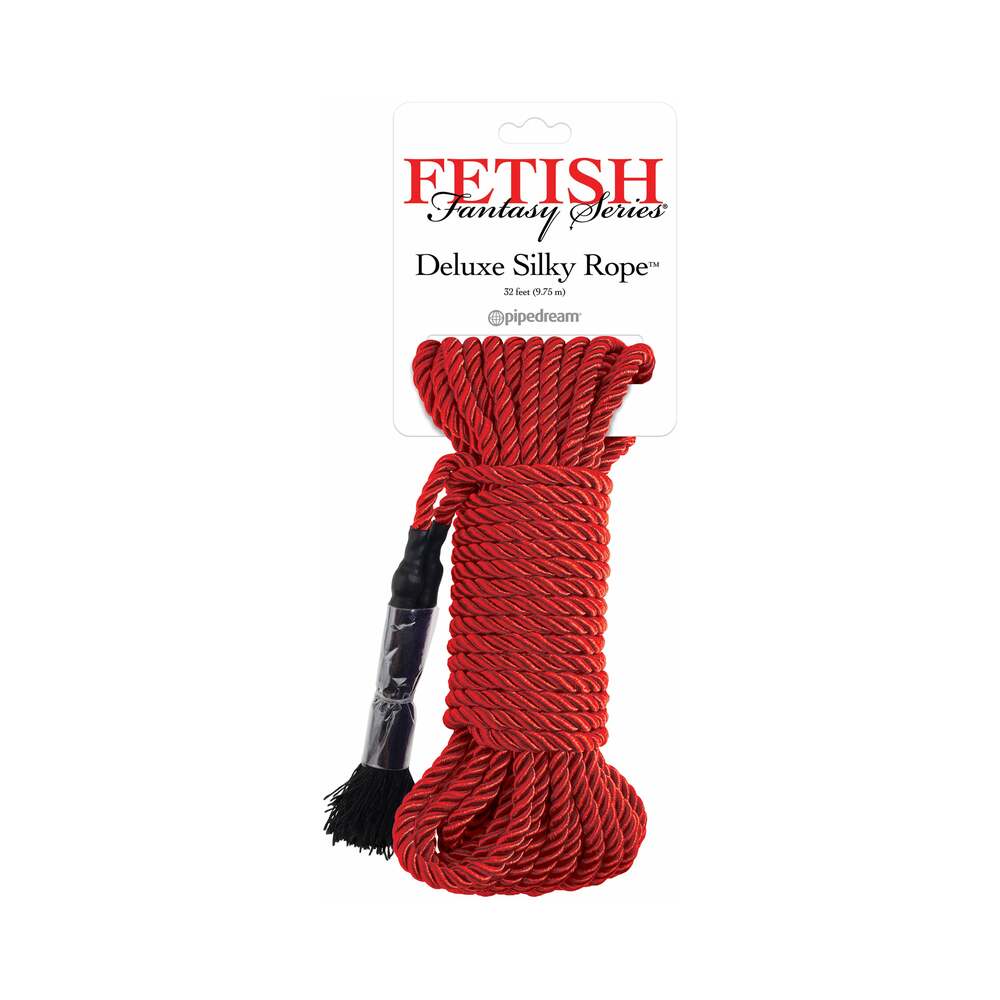 Fetish Fantasy Series Deluxe Silk Rope 9.75 m / 32 ft. Red Fetish Fantasy Red Cotton Rope coiled rope with white hanging card and black tassel