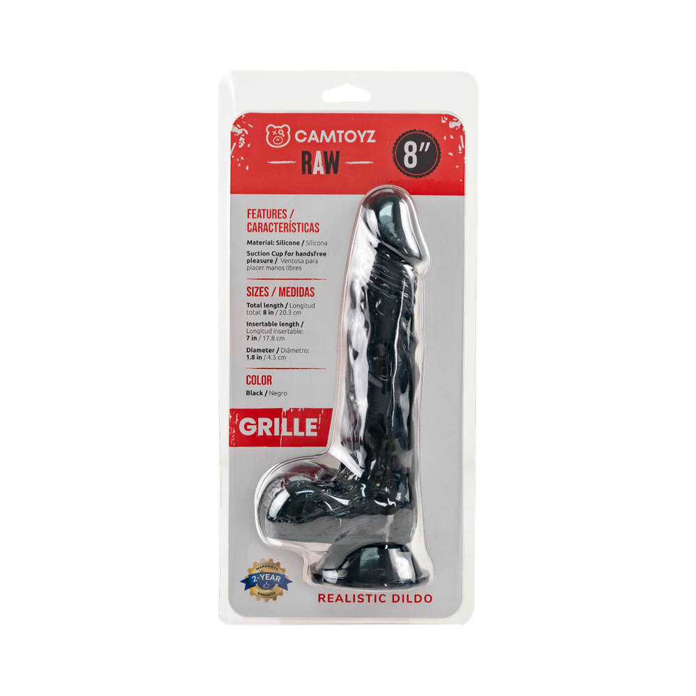 Camtoyz Raw Grille Realistic 8 in. Dildo Camtoyz Raw Grille black 8-inch dildo front of red and white blister packaging