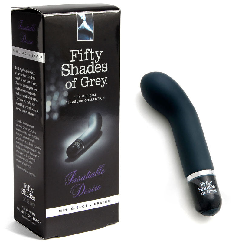 Fifty Shades of Grey Insatiable Desire Silicone Mini G-Spot Vibrator Black Fifty Shades Insatiable Desire black curved mini vibrator beside box