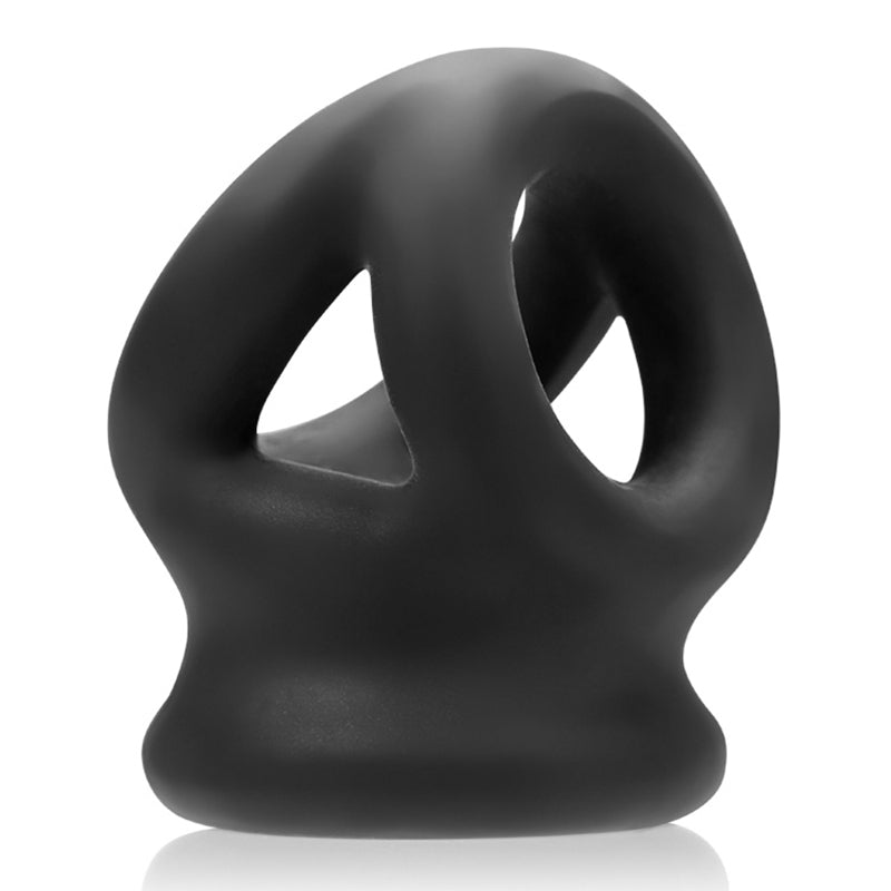 OxBalls TRI-SQUEEZE cocksling/ballstretcher, BLACK ICE Black OxBalls TRI-SQUEEZE three-ring cock sling on white background