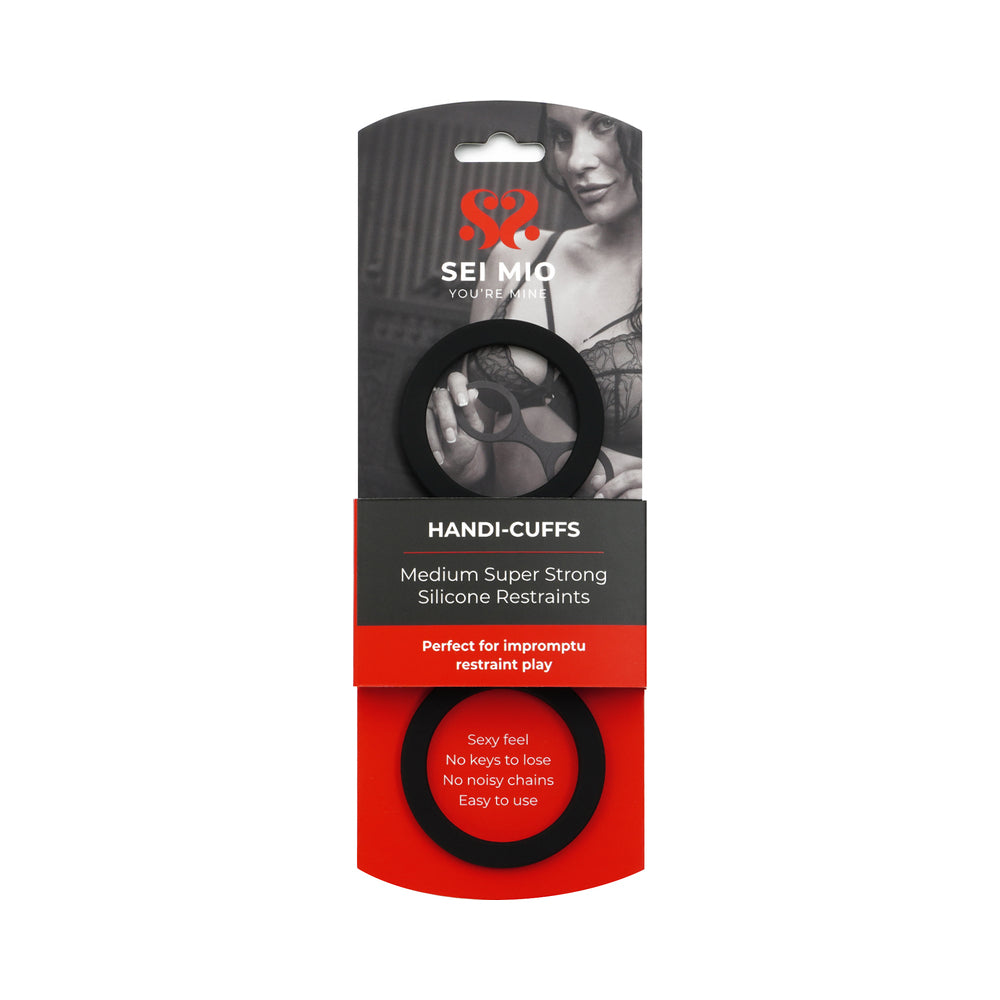 SEI MIO Handi-Cuffs Medium Super Strong Silicone Restraint Cuffs SEI MIO Handi-Cuffs Medium black silicone restraints on hanging card