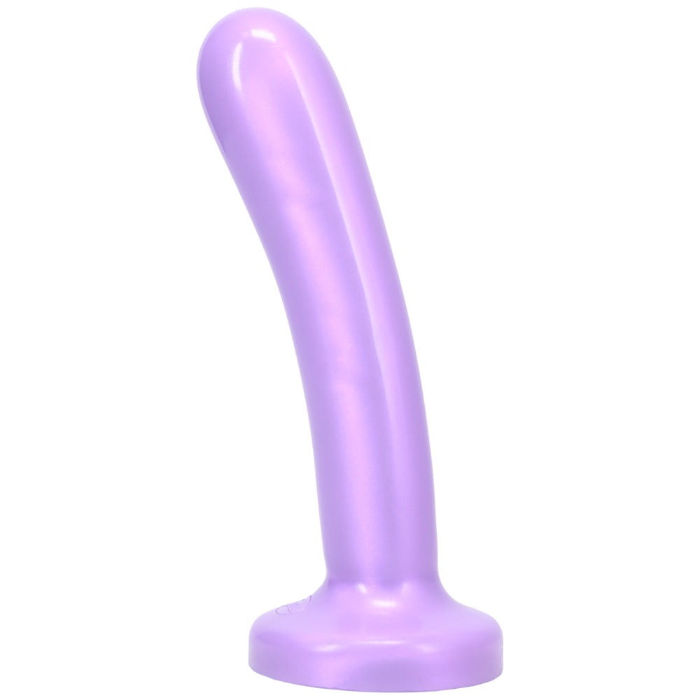 Tantus Silk Large Dildo Lavender Left angle of lavender Tantus Silk Large with curved shaft