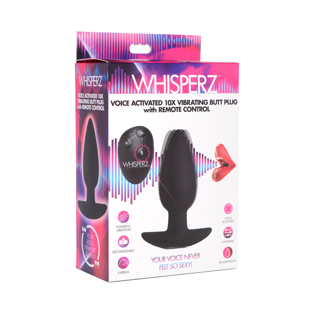 Whisperz Voice Activated 10X Vibrating Butt Plug with Remote Black Whisperz tapered butt plug and round voice remote on pink retail box