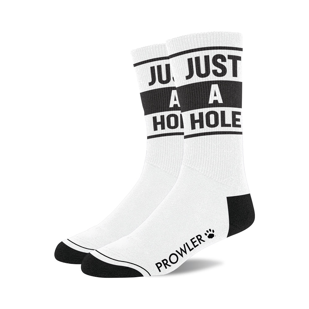 Prowler RED Just A Hole Socks Prowler RED Just A Hole white cotton socks pair with stacked black cuff text black heels and black toes