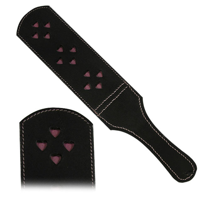 Double Heart Slapper (Leather) Black double-panel leather slapper with pink heart cutouts