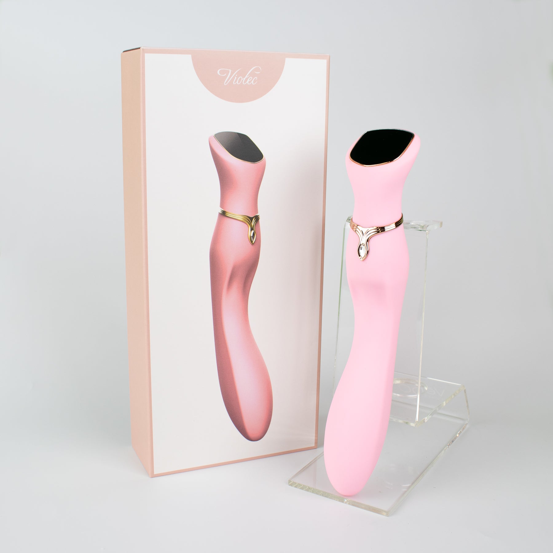 Chance Touch Screen G-Spot Vibrator in Pink Viotec Chance light pink vibrator displayed beside presentation box