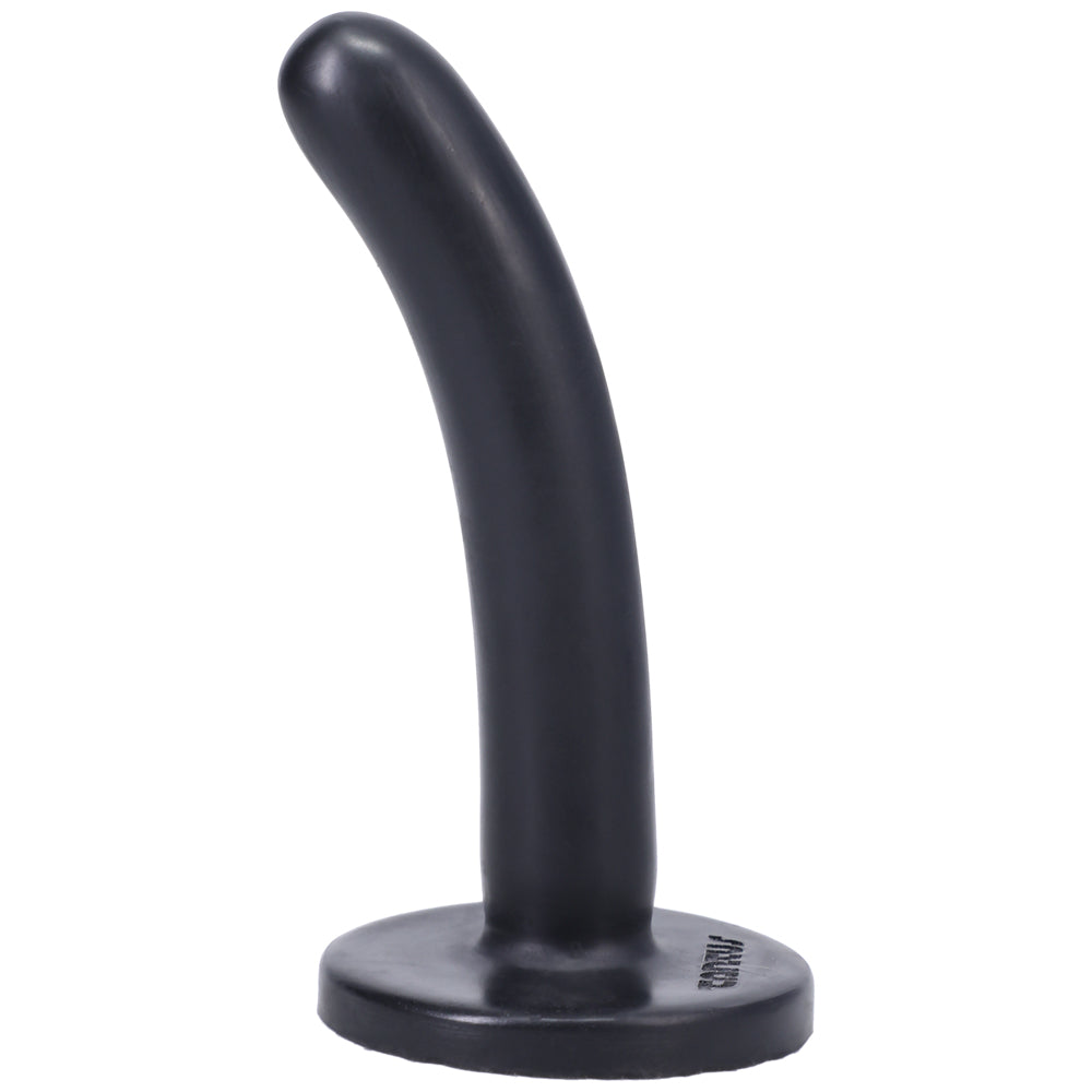 Tantus Silk Small Dildo Onyx Left angle of black Tantus Silk Small with slim curved shaft