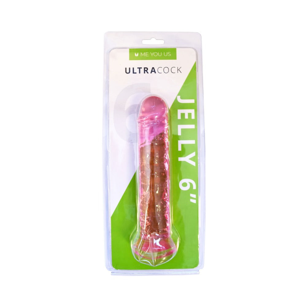 Me You Us Ultracock Pink Jelly 6 in. Dong Me You Us Ultracock light-pink jelly dong front view in clear-and-green hanging package with curved shaft visible