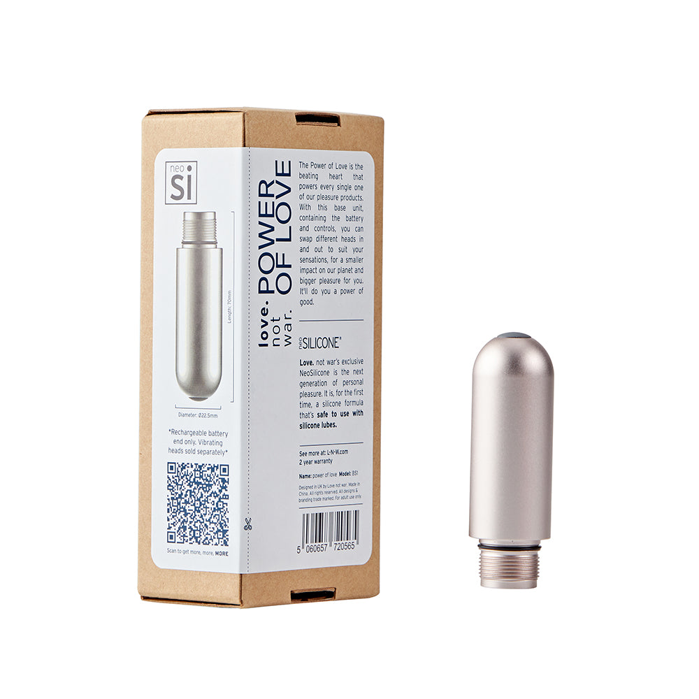 Love Not War Battery Power of Love silver Love Not War Power of Love battery base beside cardboard box