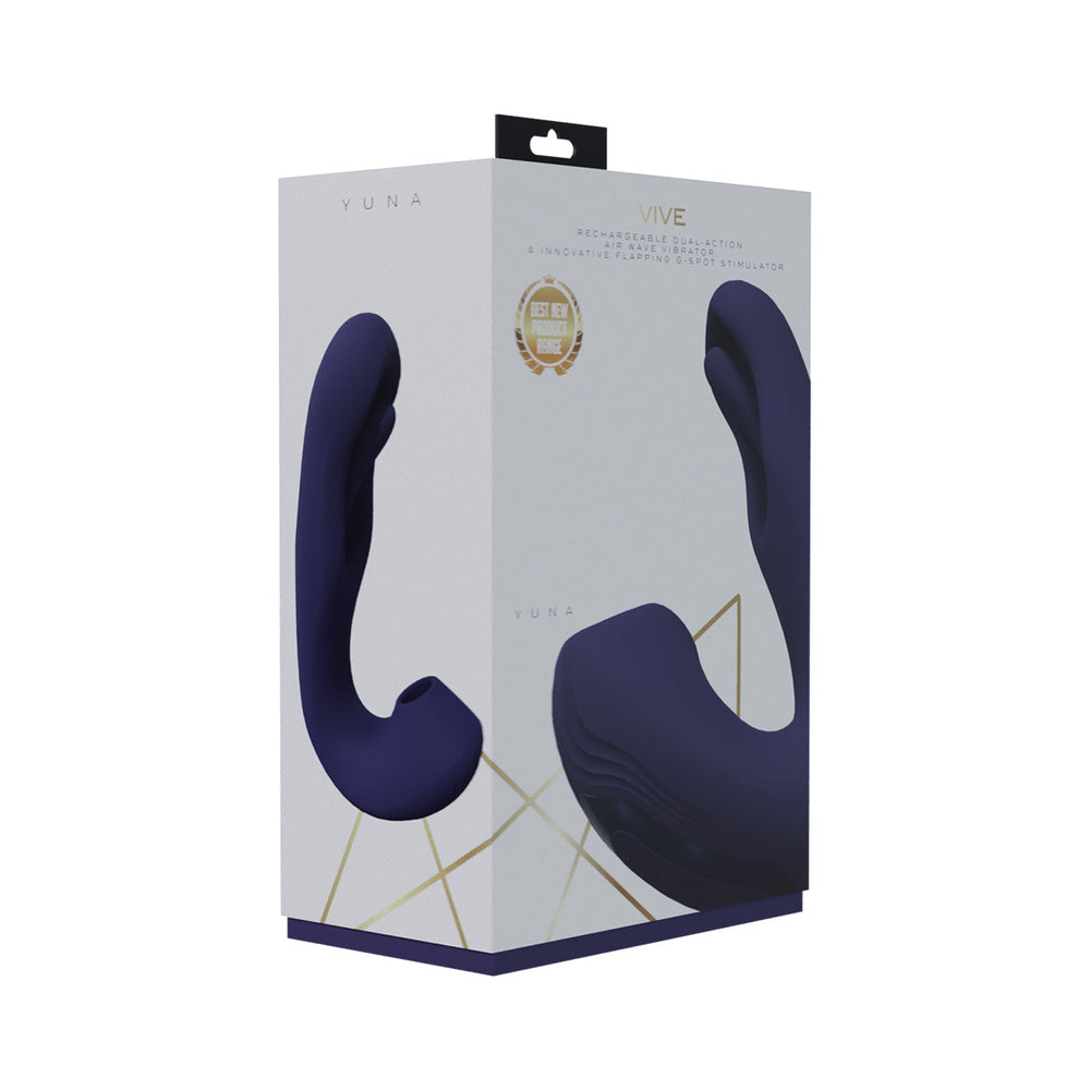 VIVE YUNA Rechargeable Dual Motor Airwave Vibrator with G-Spot Flapping Stimulator Purple purple VIVE YUNA curved vibrator pictured on white retail box