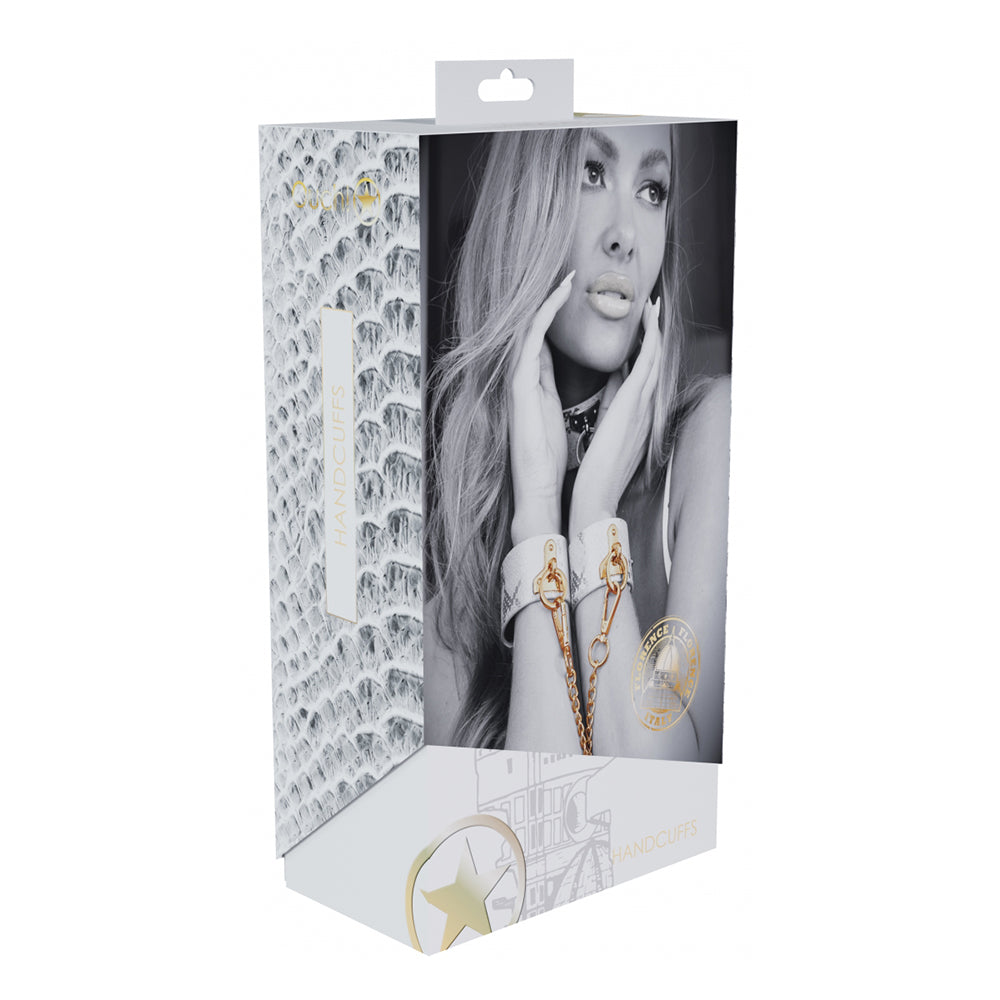 Ouch! International Florence Collection Handcuffs White white and silver snakeskin Florence handcuffs with gold chain on box