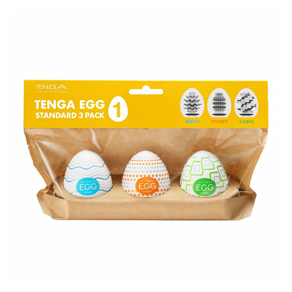 Tenga Egg Standard 3-Pack I TENGA Egg Standard 3-Pack I pouch showing Wavy, Starry and Cubic designs