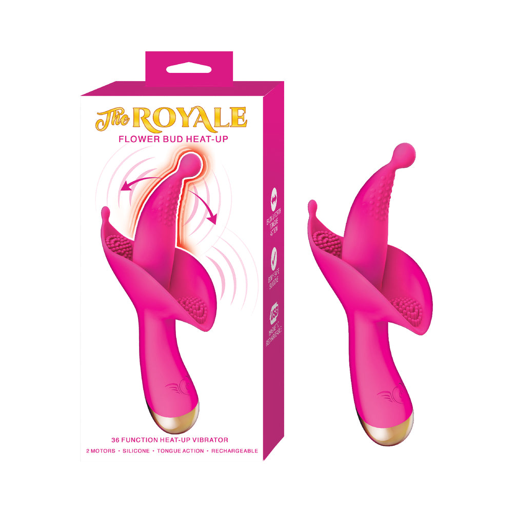 The Royale Flower Bud Heat-Up Pink Pink Nasstoys Royale Flower Bud Heat vibrator beside white retail box